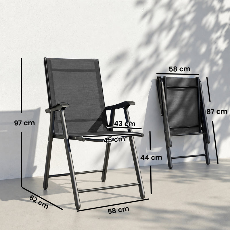 Outsunny Folding Garden Chairs Set of 2, Foldable Garden Dining Chairs with High Back, Armrests, Texteline Seat, Black – view 3