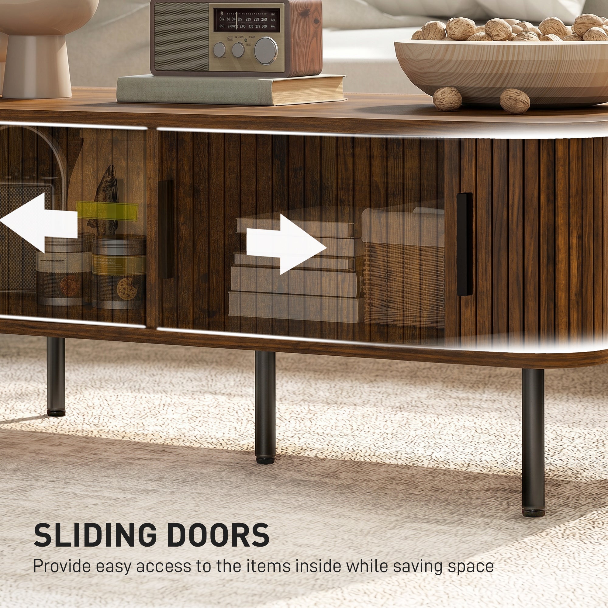Coffee Table with Storage, Living Room Table with Slatted Tambour Sliding Doors and Adjustable Foot Pads, Rectangular Coffee Table with Elevated Base for Living Room, Rustic Brown