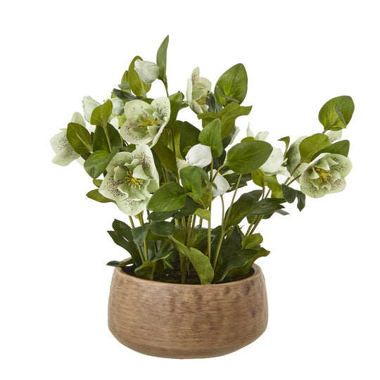 green artificial hellebore in a taupe pot