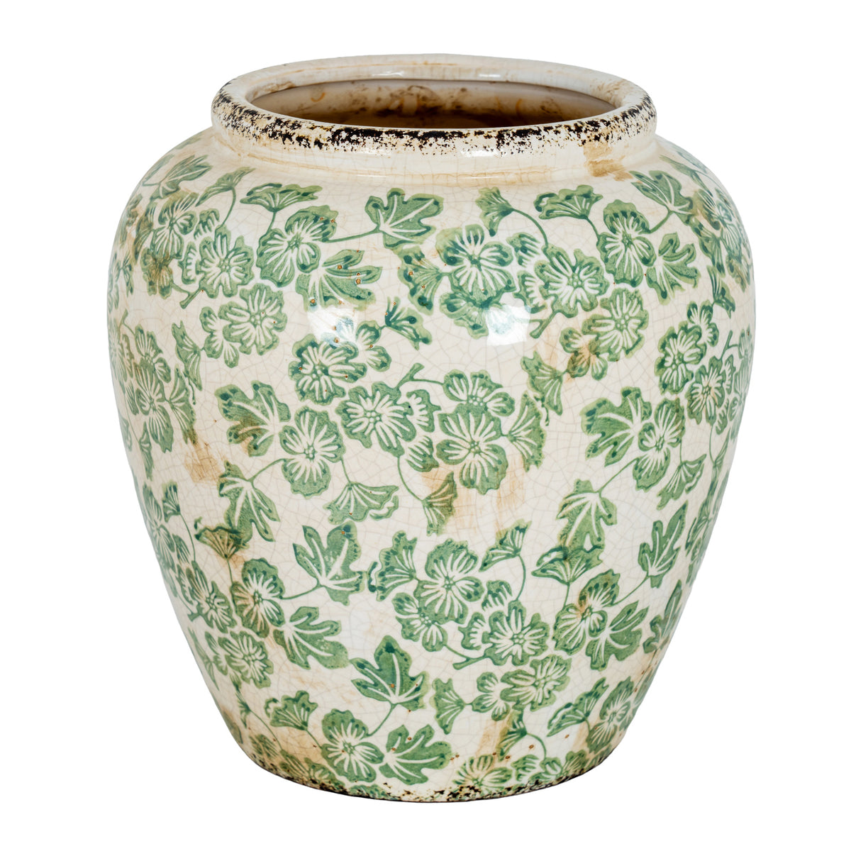 Green clover pattern ceramic vase, front view