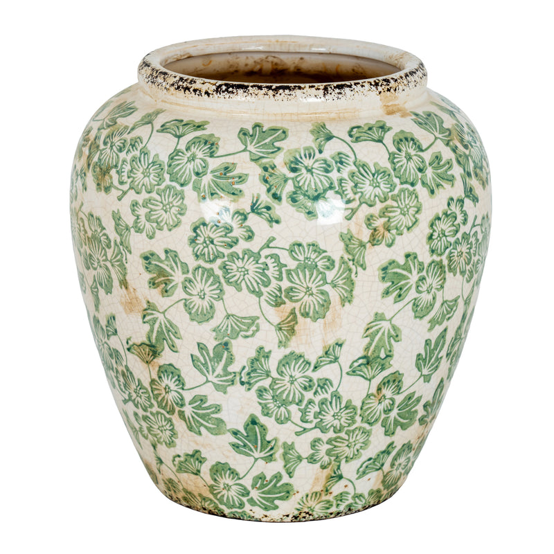 Green clover pattern ceramic vase, front view
