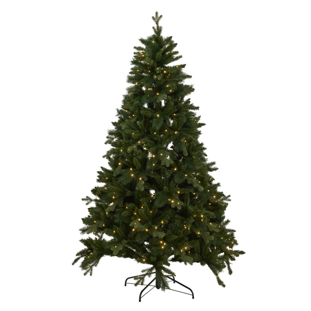 7ft green fir Christmas tree lit with warm LEDs