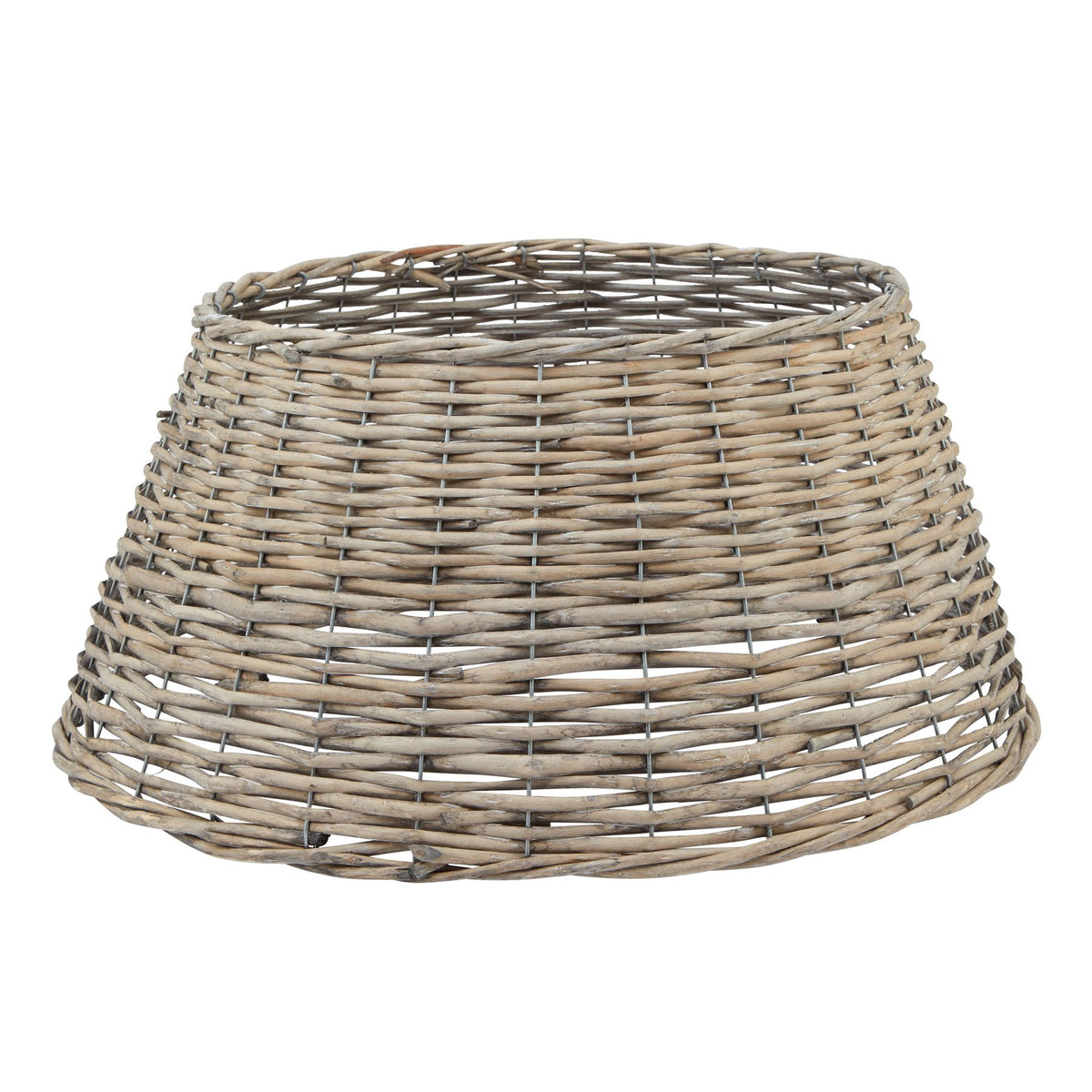 Round grey-washed wicker Christmas tree skirt on white