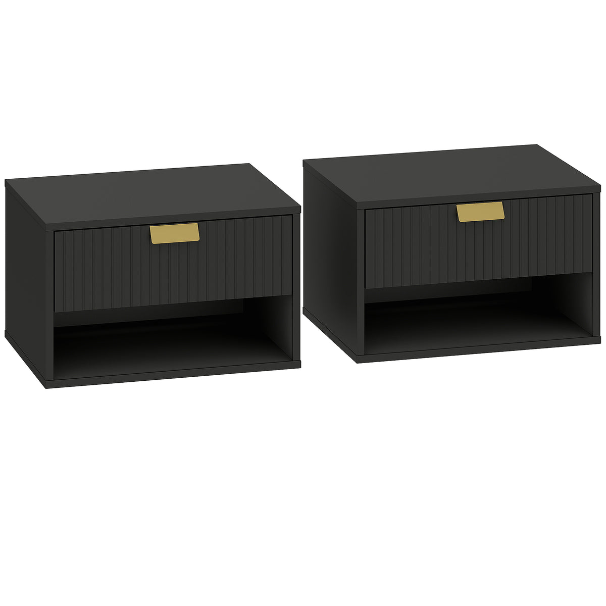 HOMCOM Set of 2 Wall Mounted Nightstands, Floating Bedside Tables with Fluted Drawer and Open Shelf for Small Bedroom