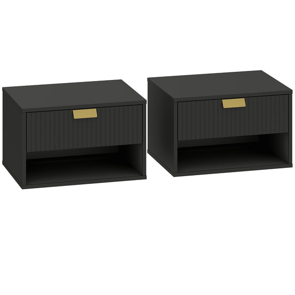 HOMCOM Set of 2 Wall Mounted Nightstands, Floating Bedside Tables with Fluted Drawer and Open Shelf for Small Bedroom