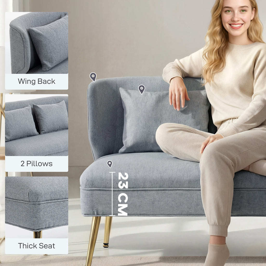 2 Seater Sofa, Linen-look Fabric Small Sofa with Wing Back, Thick Seat, Metal Legs, Light Grey