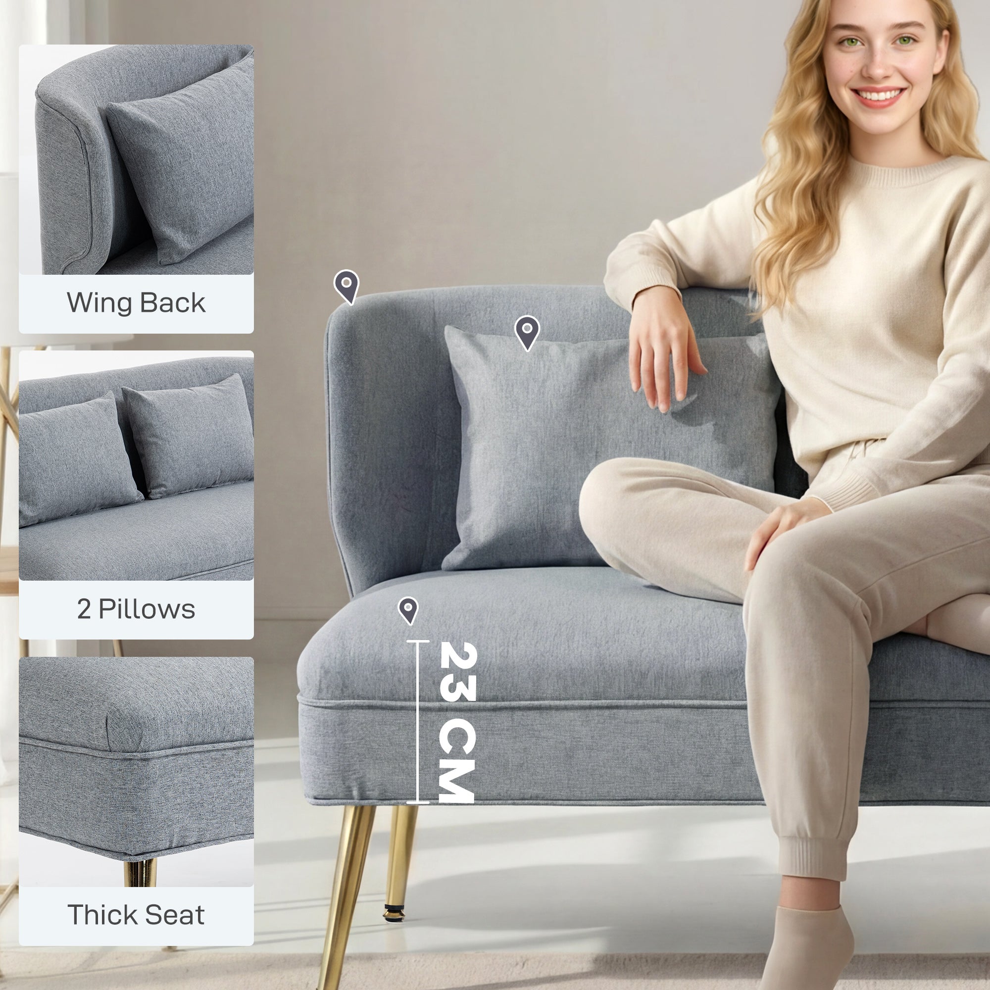 2 Seater Sofa, Linen-look Fabric Small Sofa with Wing Back, Thick Seat, Metal Legs, Light Grey