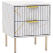 White marble-effect bedside table with two fluted drawers, gold accents and metal legs