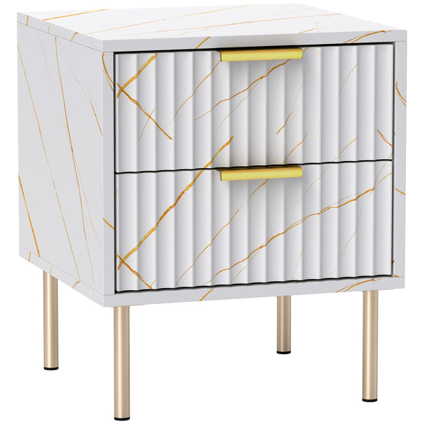 White marble-effect bedside table with two fluted drawers, gold accents and metal legs