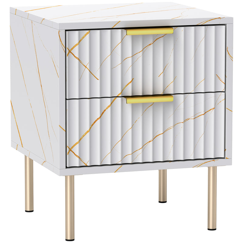 White marble-effect bedside table with two fluted drawers, gold accents and metal legs