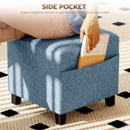 Small Ottoman, Square Footstool with Side Pocket, Rubber Wood Legs and Padded Seat for Living Room, Dark Blue