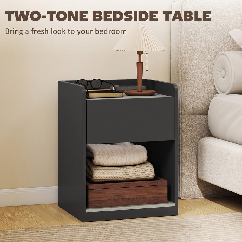 HOMCOM Modern Bedside Table, Slim Nightstand with Drawer, Shelf and Cable Holes, Black and Grey Wood Effect – view 6