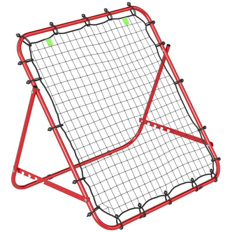 Red lightweight football rebounder net on steel frame with adjustable rear support