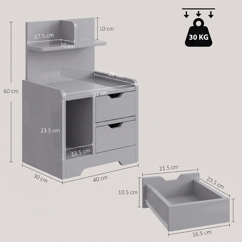 HOMCOM Bedside Table, Small Bedside Cabinet with 2 Drawers and Storage Shelves, Modern Nightstand for Bedroom, Grey – view 3