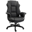 Black faux leather high-back executive office chair with white contrast piping and padded armrests