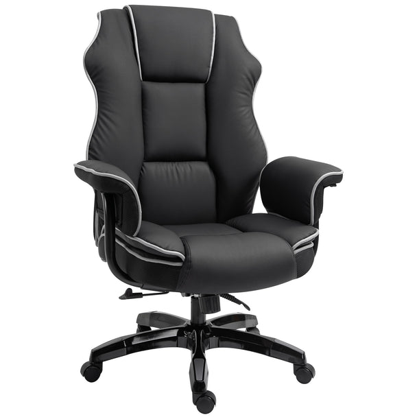 Black faux leather high-back executive office chair with white contrast piping and padded armrests