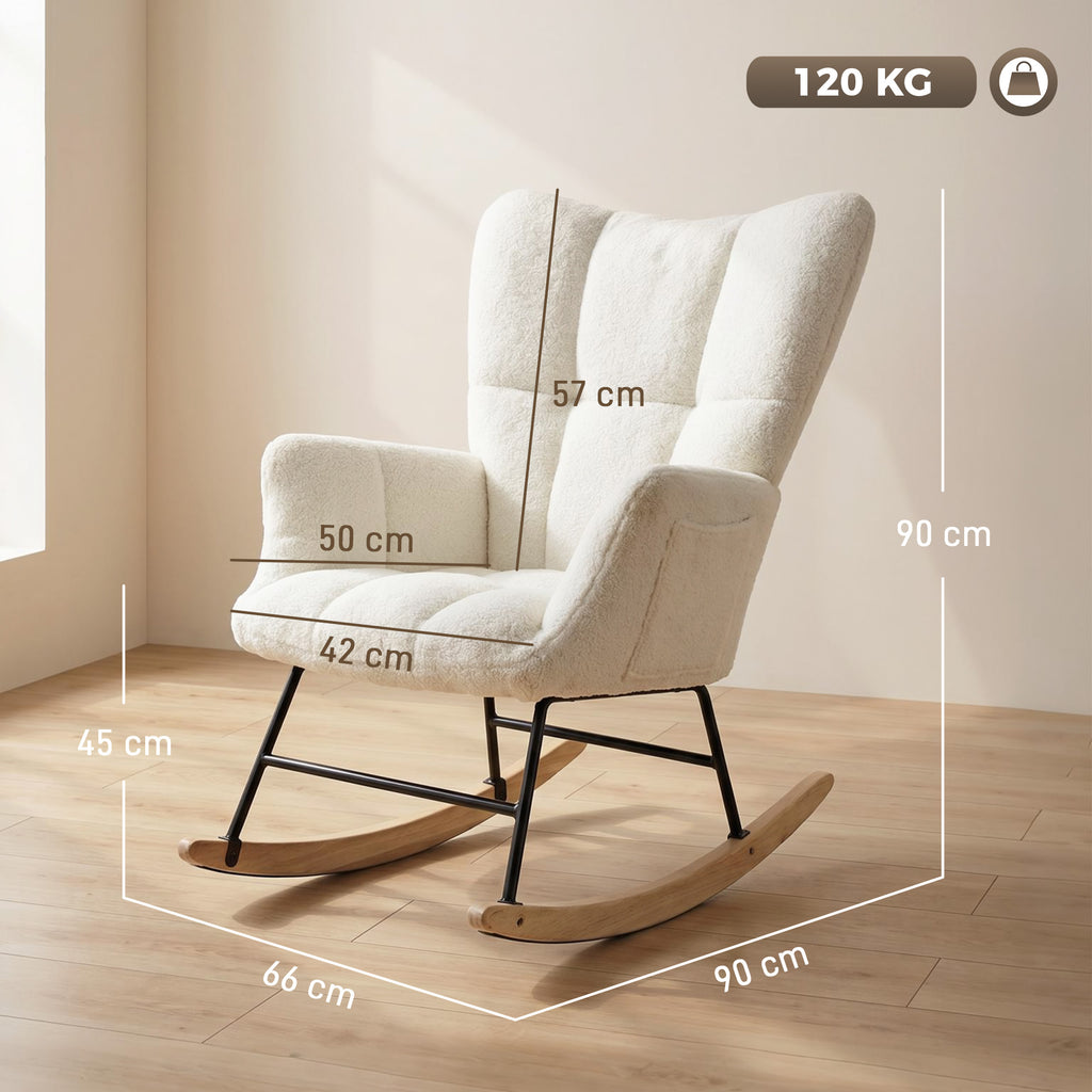 Rocking Chair, Teddy Fleece Rocker Chair with Tufted Wingback, Side Pockets, Rubber Wood Legs, Cream White