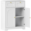White bathroom floor cabinet with two drawers, arched doors and gold-tone knobs