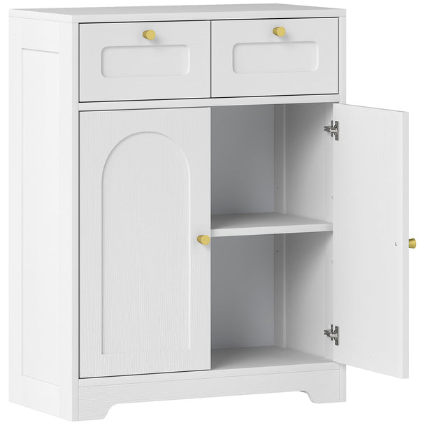White bathroom floor cabinet with two drawers, arched doors and gold-tone knobs