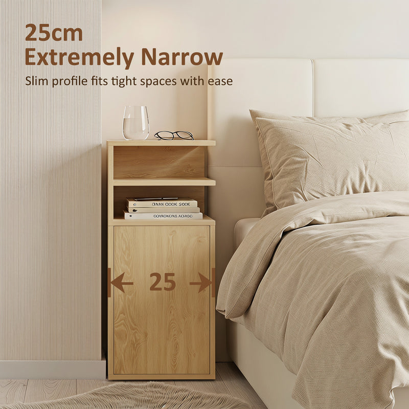 HOMCOM Slim Bedside Table Set of 2, Narrow Bedside Cabinet with Open Cubbies and Cupboard for Bedroom Living Room, Oak – view 4