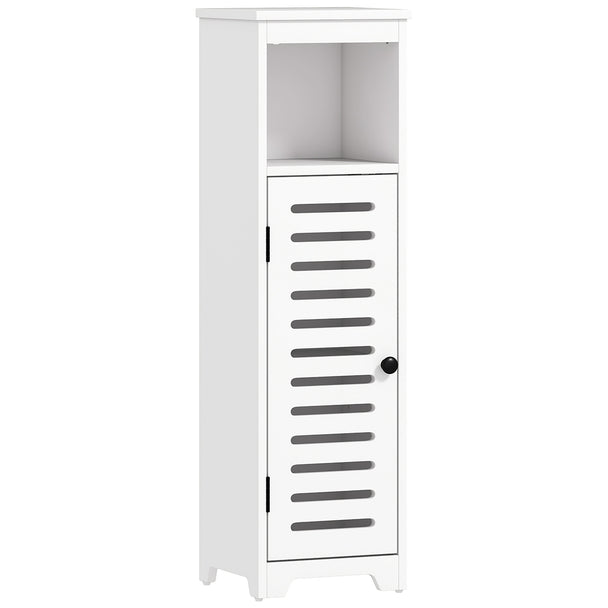 Slim white bathroom floor cabinet with louvred door, black handle and open shelf