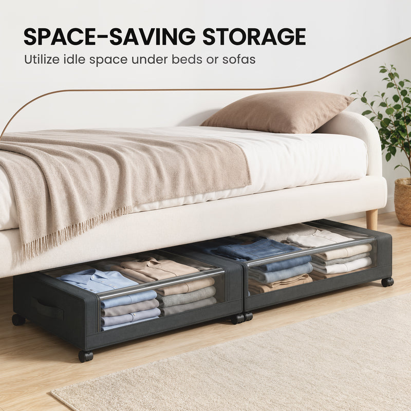 HOMCOM 40L Under Bed Storage On Wheels Pack of 2, Fabric Rolling Under Bed Drawers with Clear Lid, Zip, Steel Frame – view 4