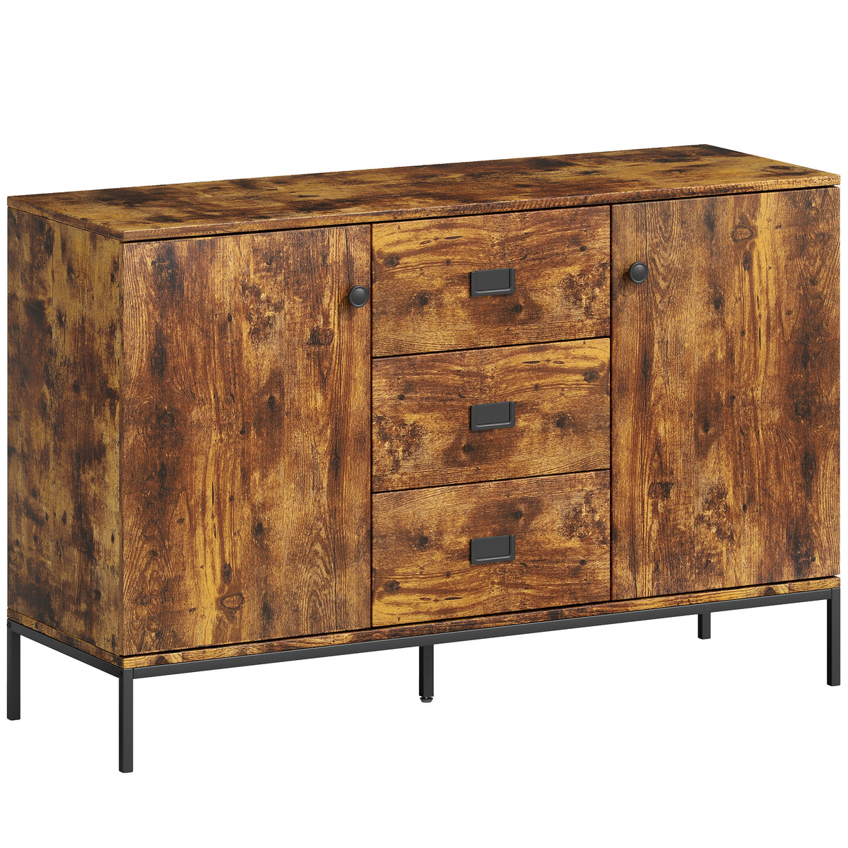 120 cm rustic brown sideboard with 3 drawers, 2 cupboards and black metal legs