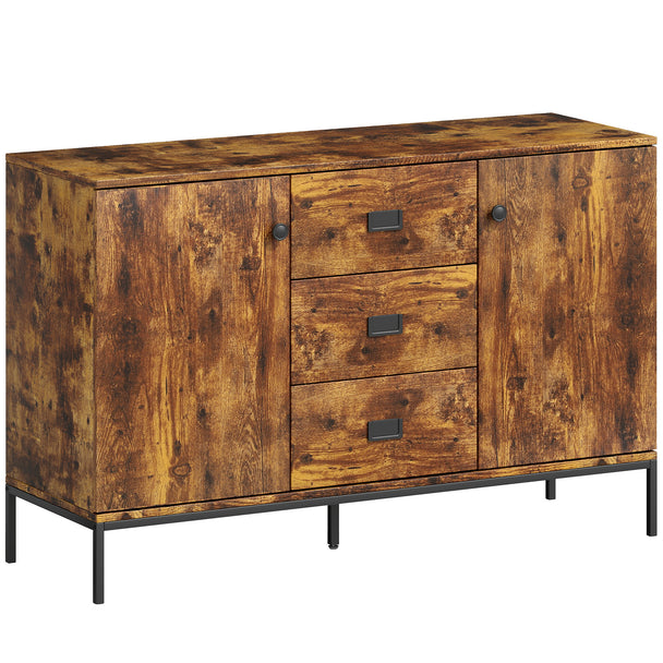 120 cm rustic brown sideboard with 3 drawers, 2 cupboards and black metal legs