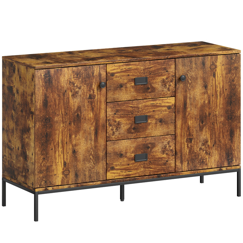 120 cm rustic brown sideboard with 3 drawers, 2 cupboards and black metal legs