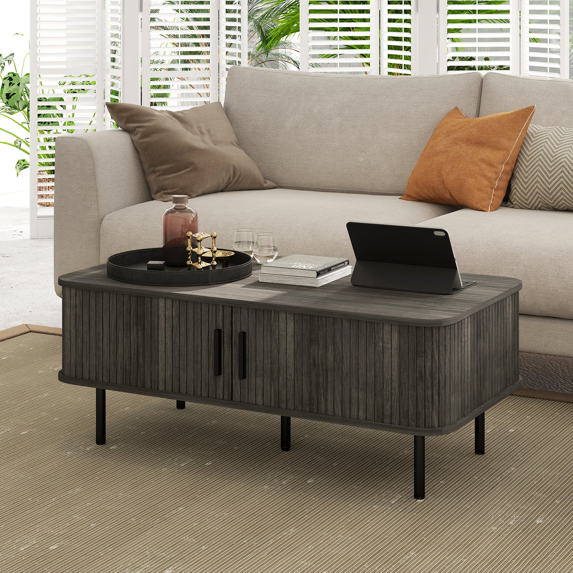 Coffee Table with Storage, Living Room Table with Slatted Tambour Sliding Doors and Adjustable Foot Pads, Rectangular Coffee Table with Elevated Base for Living Room, Grey Wood-Effect