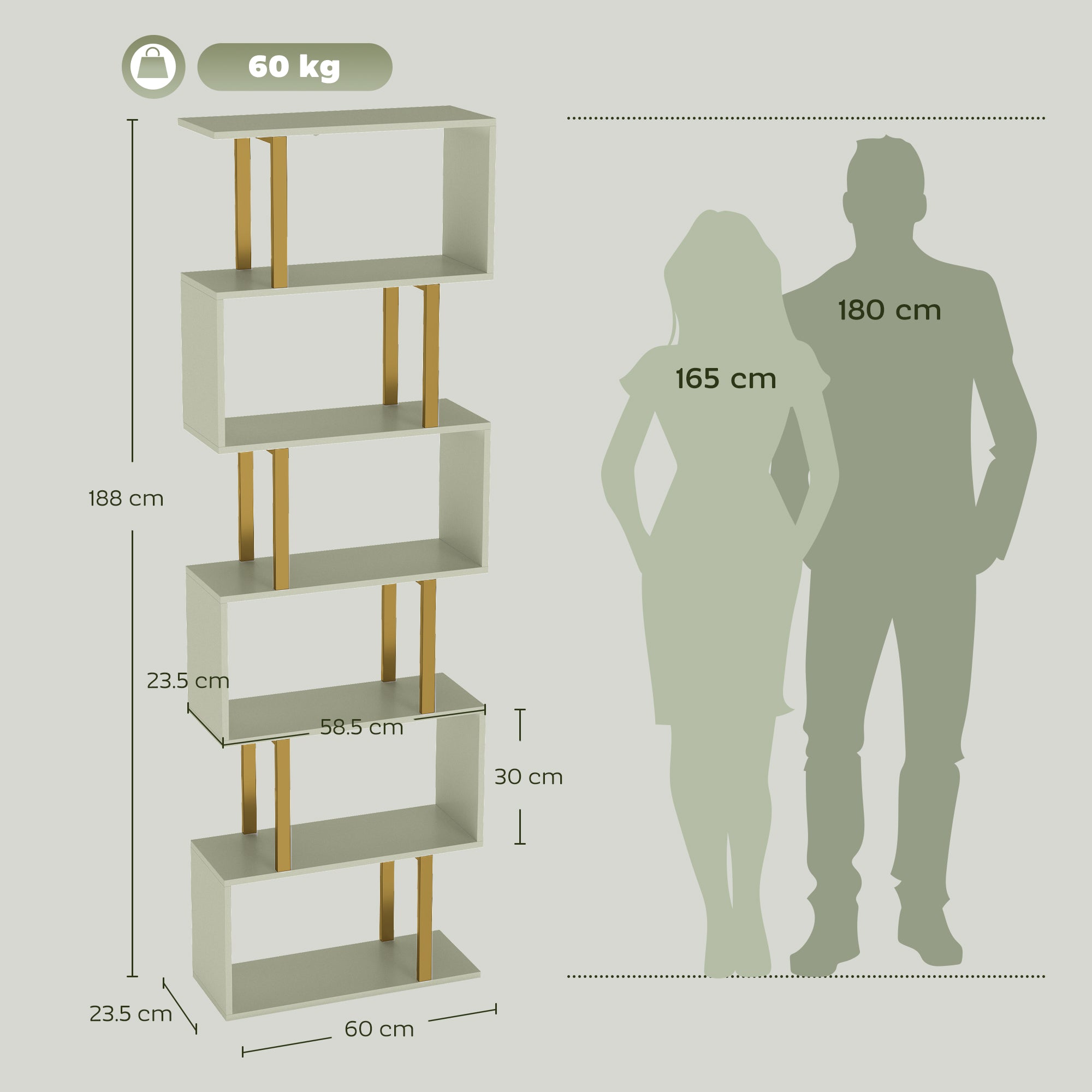 S-Shaped Bookshelf, 6-Tier Bookcase, Freestanding Storage Shelves with Anti-Tip Strap, Light Green
