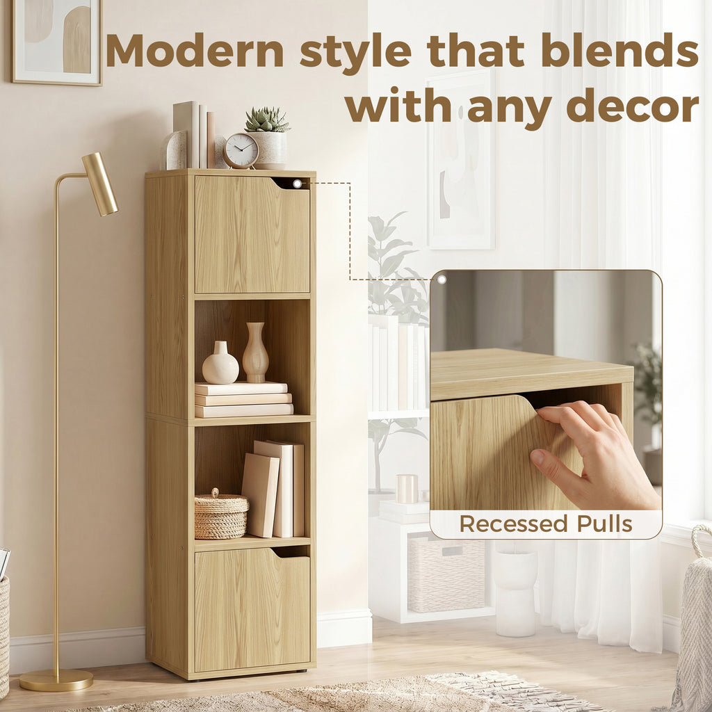 Narrow Bookcase, 4-Tier Bookshelf, Storage Cabinet with doors for Living Room, Bedroom, Oak
