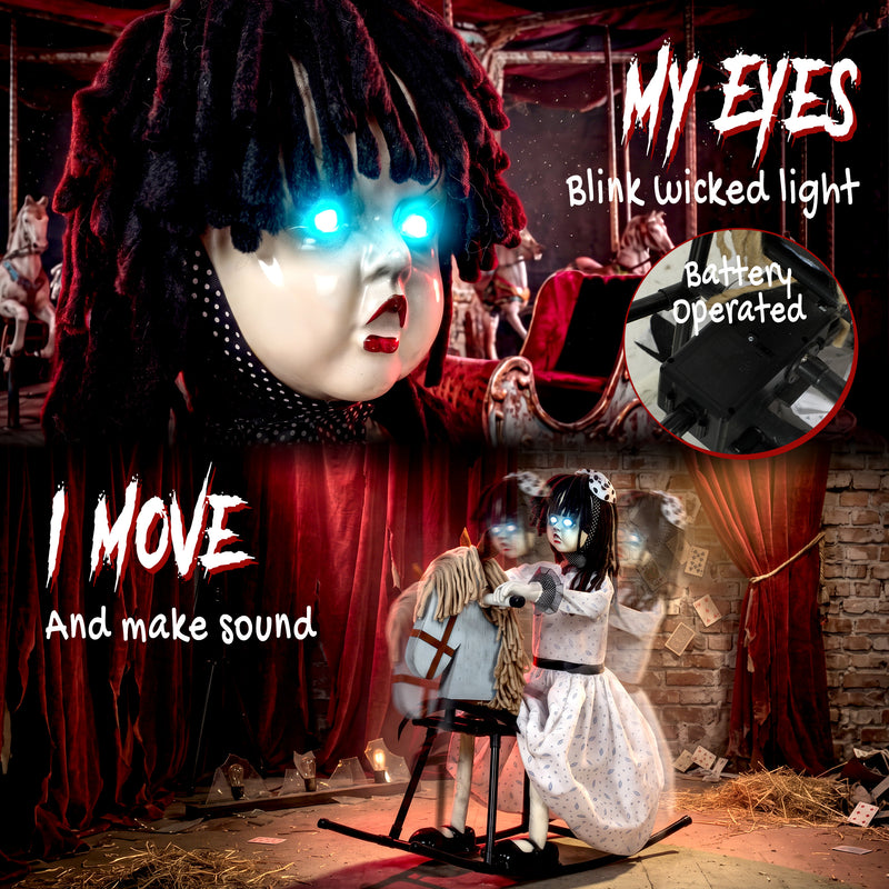 72cm Animated Halloween Girl on Rocking Horse with Glowing Eyes – image 4 of 9
