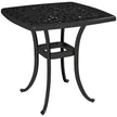 Black 54 cm square cast aluminium garden side table with floral cut-out top and parasol hole