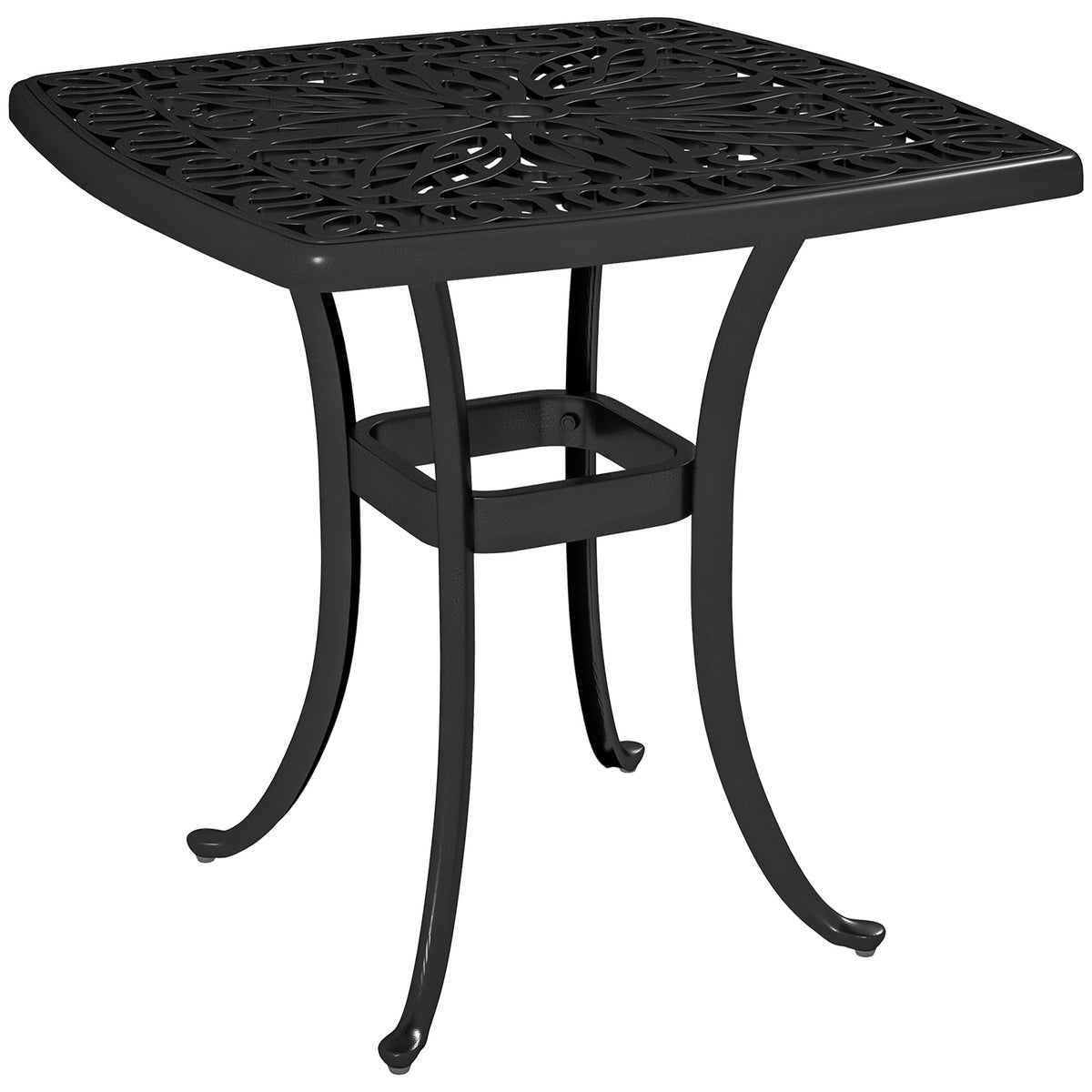 Black 54 cm square cast aluminium garden side table with floral cut-out top and parasol hole