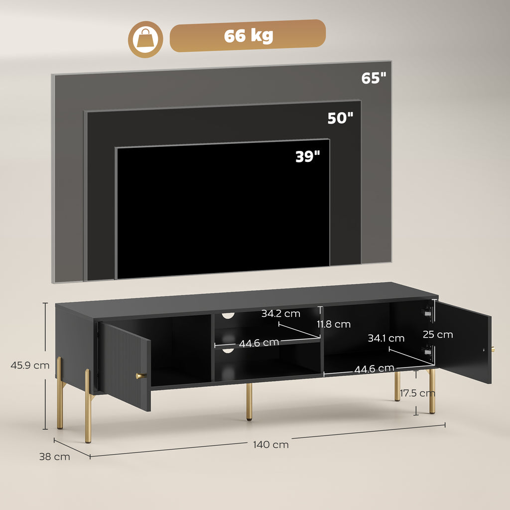 TV Stand for TVs up to 65", Entertainment Center with 2 Open Shelves, 2 Cabinets and Steel Legs for Living Room, Black