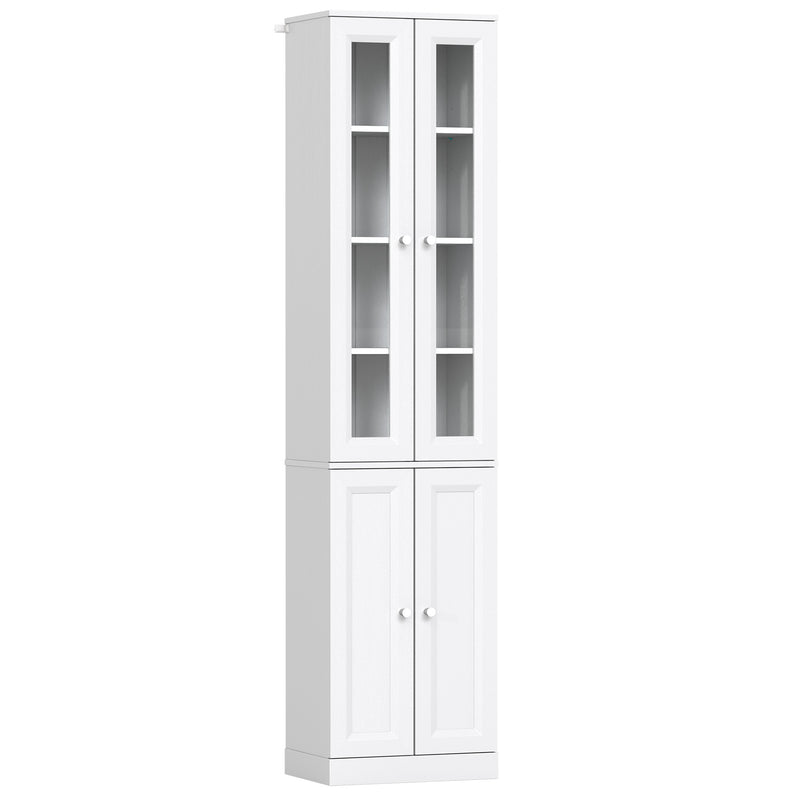 White slim tall bathroom cabinet with four soft-close doors and six storage tiers