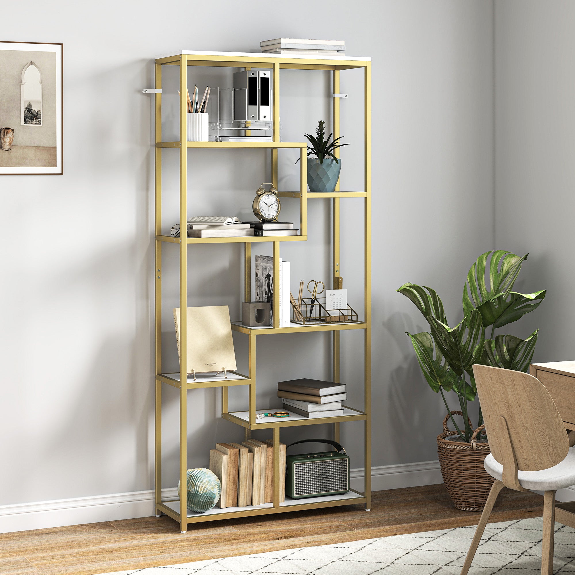 Seven-Tier Geometric Bookcase - White/Gold Tone