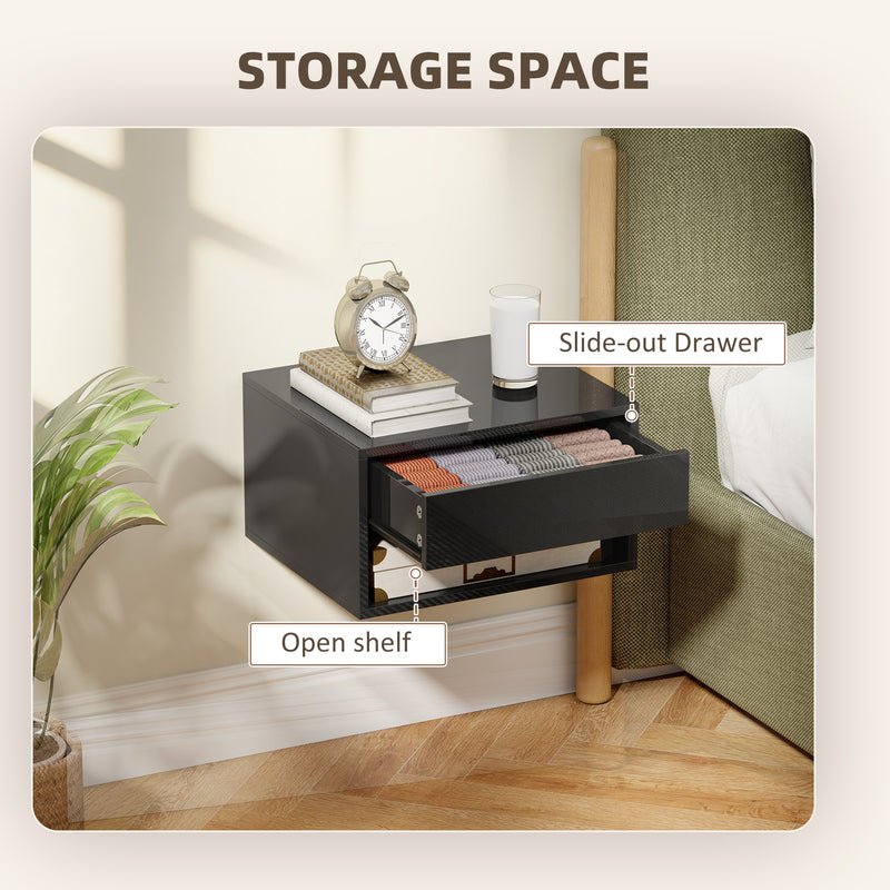 HOMCOM Floating Bedside Tables Set of 2, Wall Mounted Nightstand, High Gloss Black – view 6