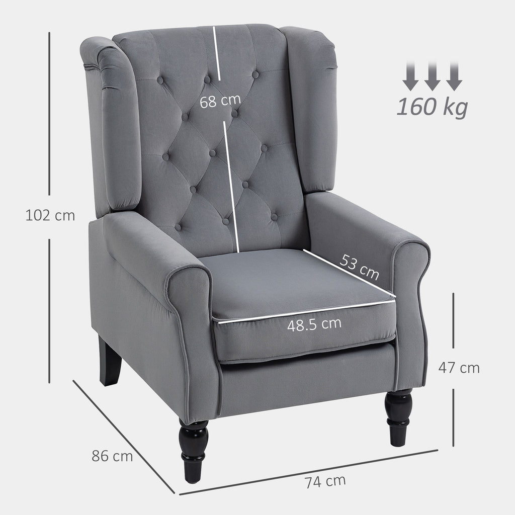 Wingback Accent Chair, Retro Upholstered Button Tufted Occasional Chair for Living Room and Bedroom, Light Grey