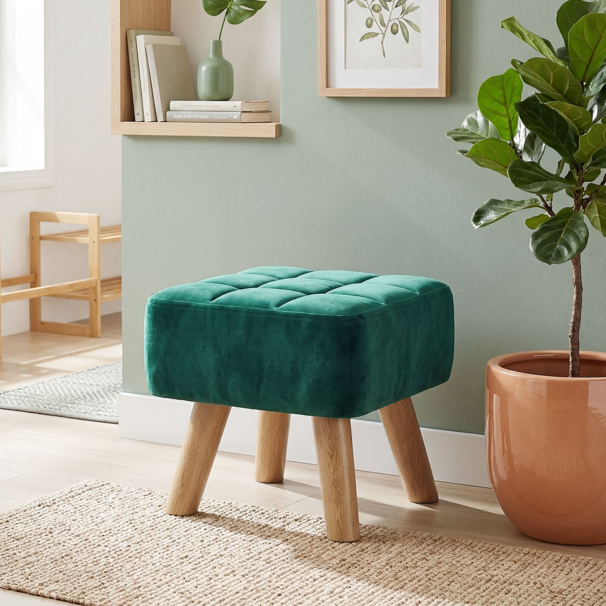 Velvet Square Padded Footstool - Dark Green