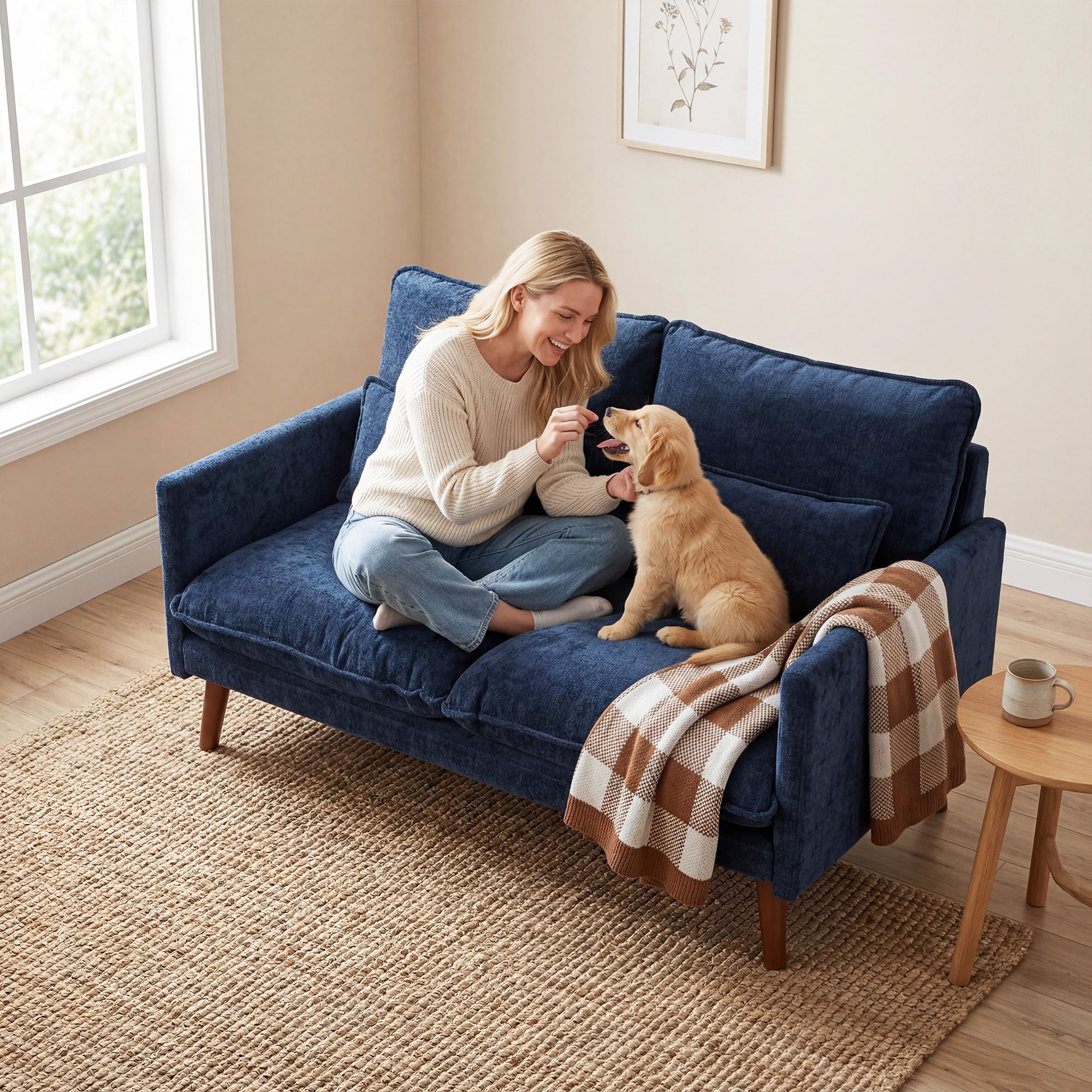 2 Seater Sofa, Loveseat Sofa with Spring Cushions, Wide and Deep Seat, Wood Legs, Blue