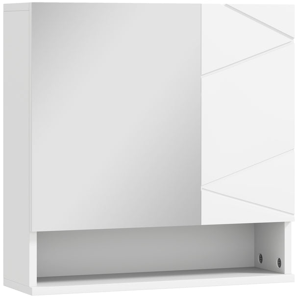 White wall-mounted bathroom mirror cabinet with mirrored door, embossed side cupboard and open shelf