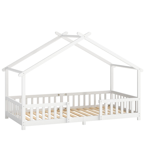 White house-shaped kids single bed in solid pine with roof frame and dual guardrails