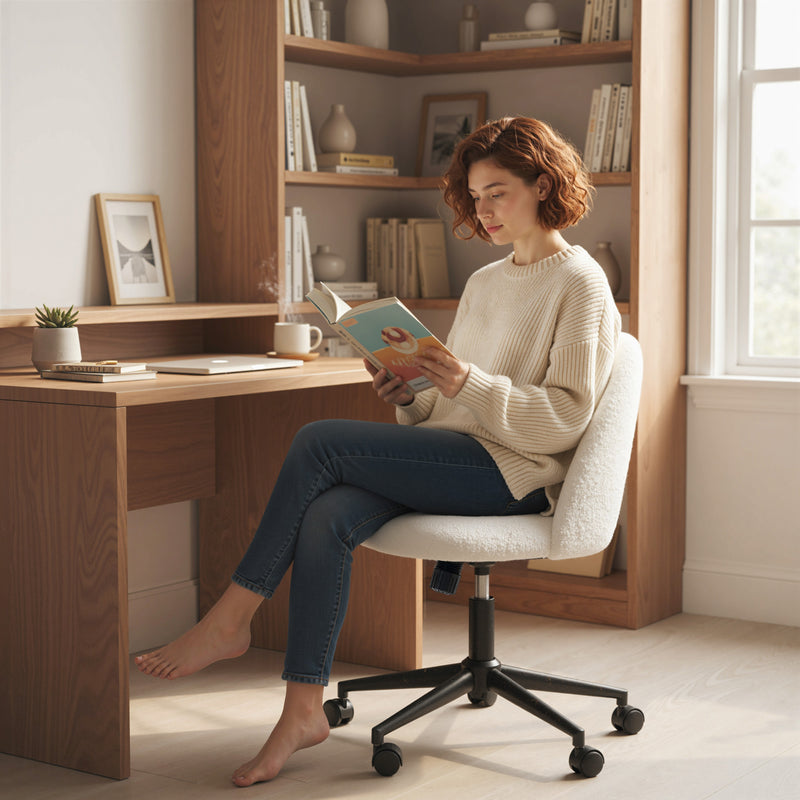 HOMCOM Teddy Fleece Office Chair with Wheels - Cream White – view 8