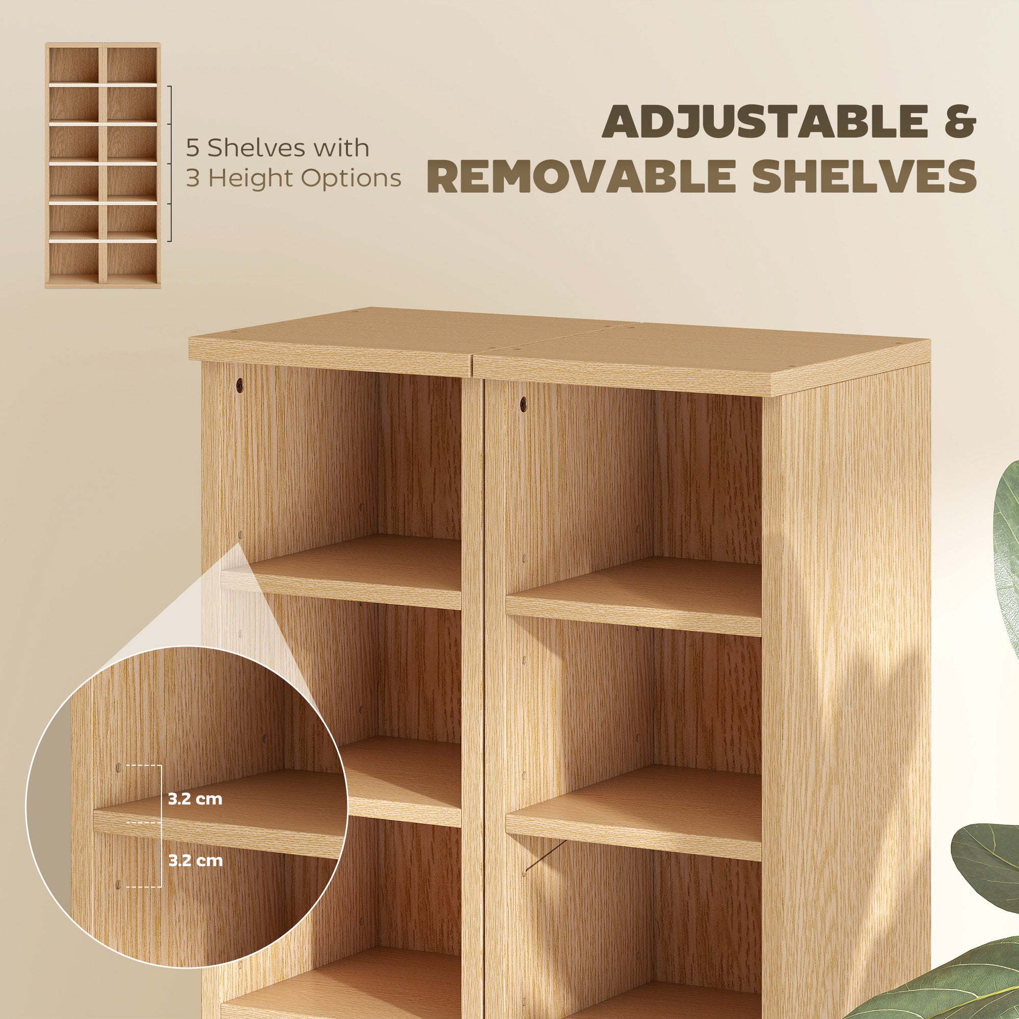 Set of 2 CD Media Display Shelf Unit Tower Rack with Adjustable Shelves, Natural