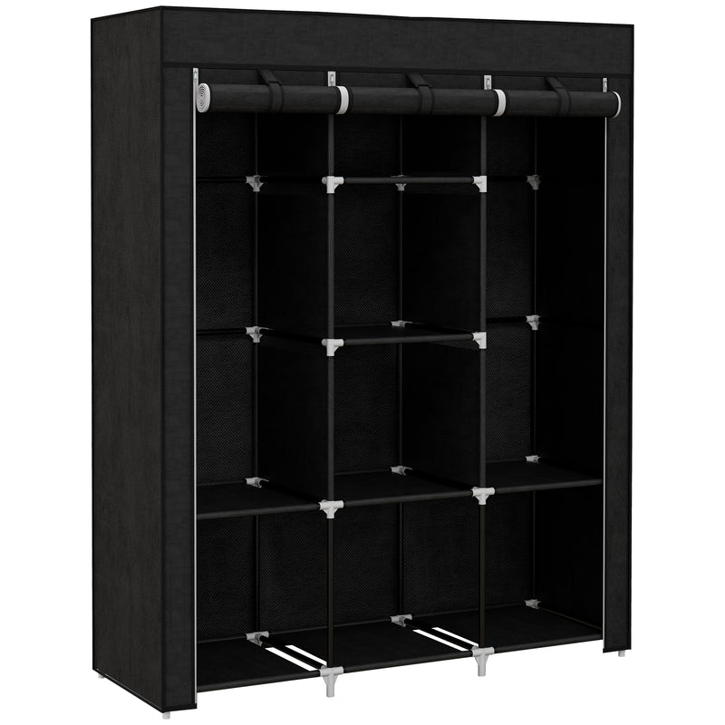 Black 125 cm fabric wardrobe with two hanging rails and eight shelves