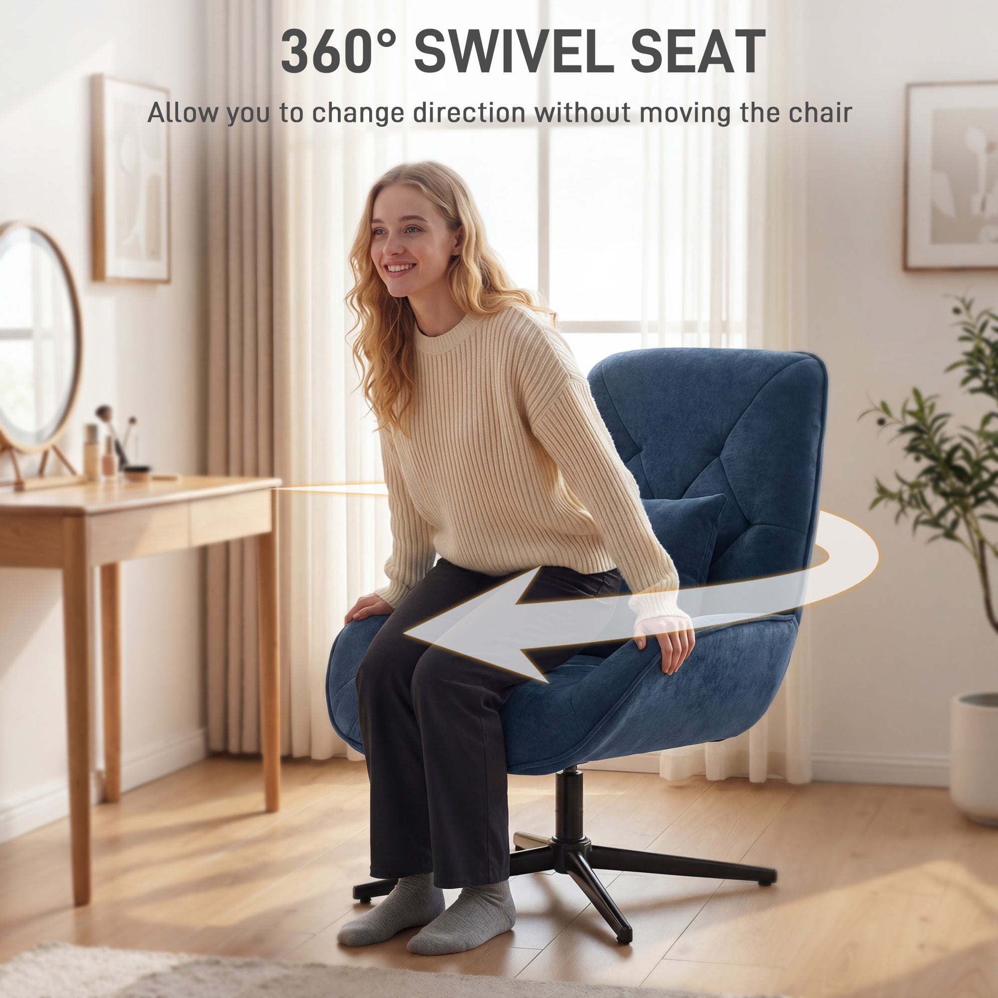 Accent Chair, Chenille Upholstered Swivel Armchair with Lumbar Pillow, High Back, Deep Seat and Metal Legs, Dark Blue