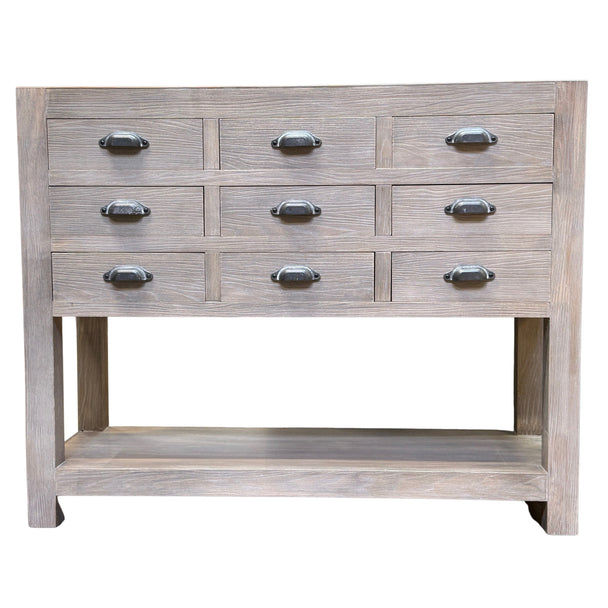 Haldon nine-drawer chest with open lower shelf on white