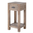 Haldon large weathered wood lamp table with drawer, front view